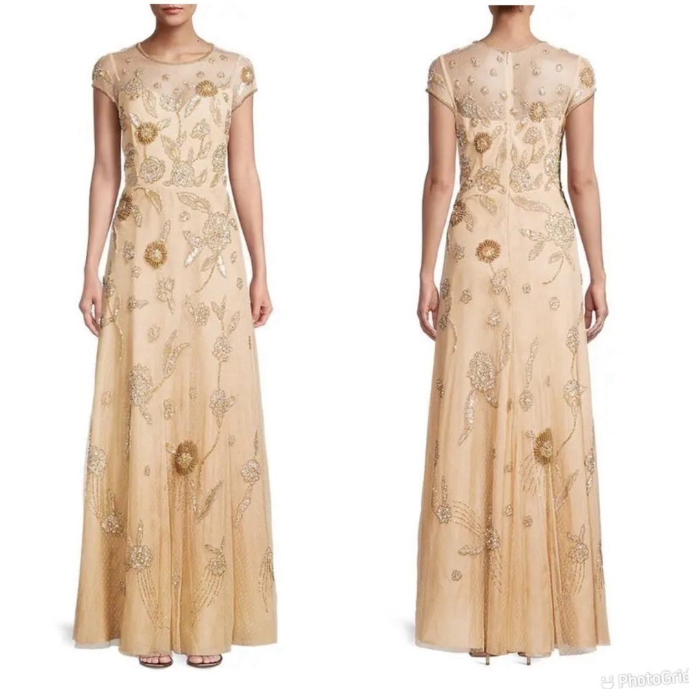AIDAN MATTOX Floral Bead-Embroidered Gown